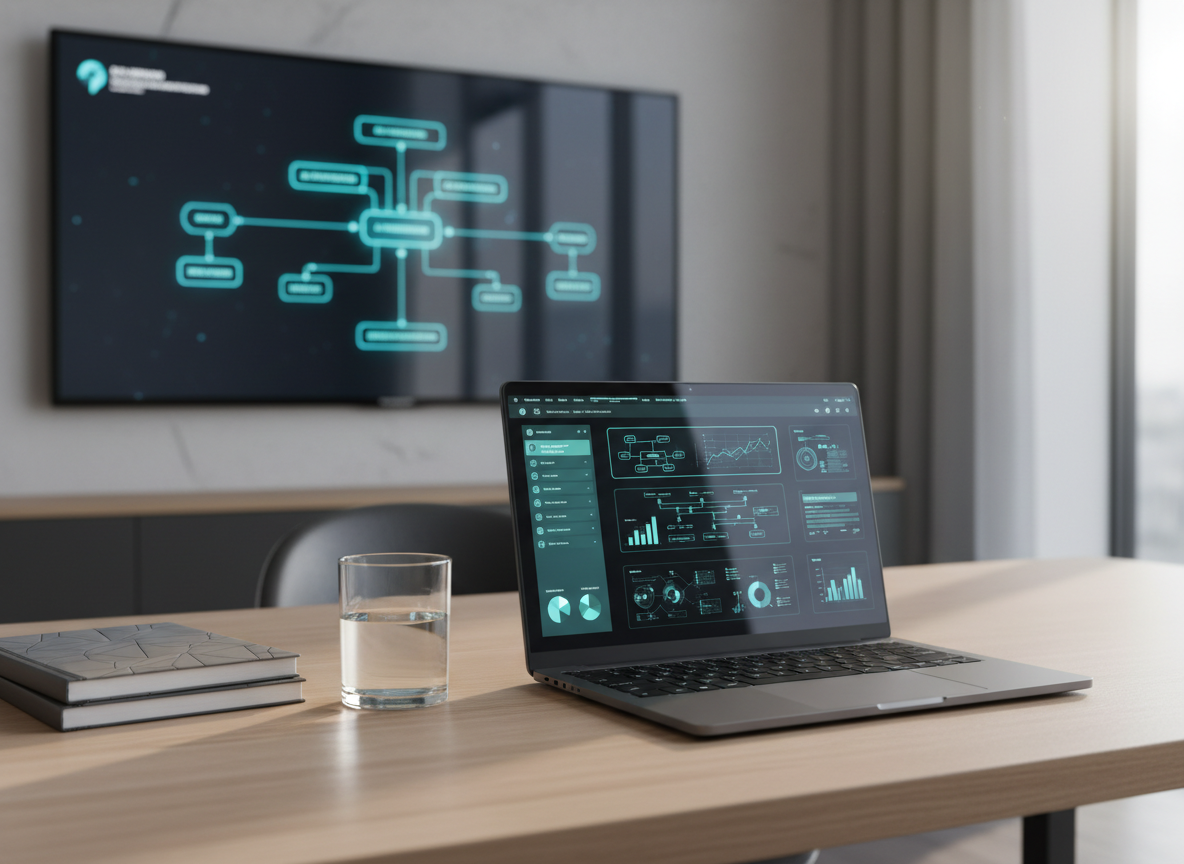 An elegant, ultra-modern workspace dominated by a sleek, matte-black laptop displaying a glowing dashboard of interconnected AI workflow diagrams and analytics charts. The laptop rests on a light oak desk beside a neatly stacked set of metallic-gray notebooks and a minimalist glass of water. Behind it, a large, wall-mounted screen shows a simplified flowchart of automated business processes in cool blues and teals. Soft daylight from a nearby window creates gentle reflections on the screens and a subtle gradient of light across the desk. Photographic realism with a clean, modern aesthetic, shot at eye level with a shallow depth of field, conveys a professional, focused atmosphere ideal for AI automation consulting.